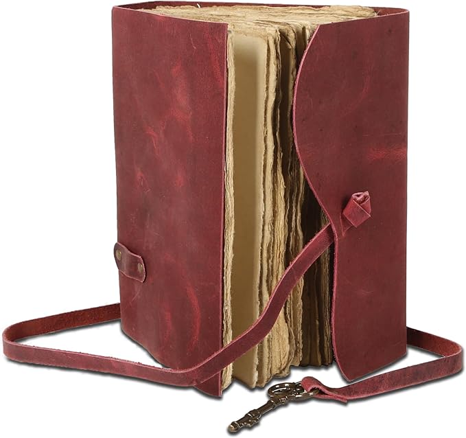 Leather Journal with Unlined Deckle Edge Paper 8x6 inch and Vintage Key | Handmade Writing Notebook Diary | Bound Daily Notepad for Men & Women Medium, Sketch/Writing pad for Artists