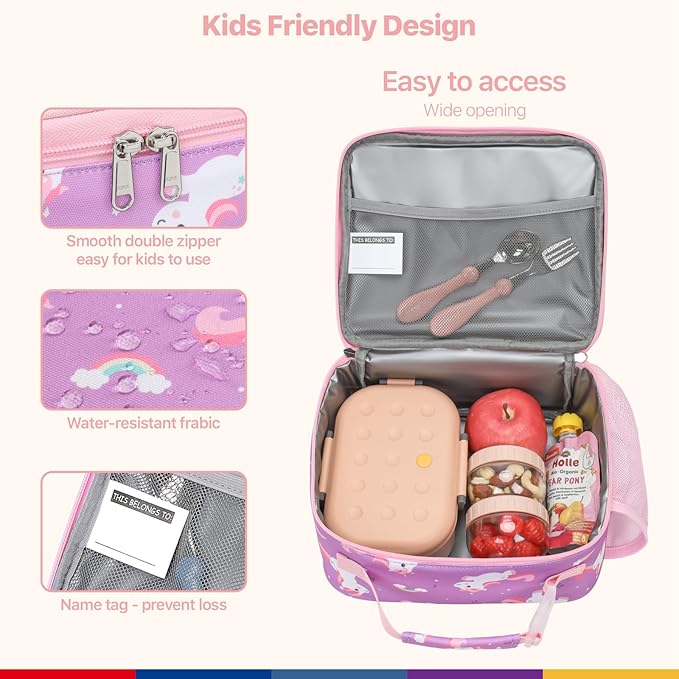 Bagseri Kids Lunch Bag Girls - Thermal Insulated Lunch Box Tote with Water Bottle Holder, Reusable Leak-Proof Kids Lunch Box for Daycare & School, Purple Cute Unicorn (Containers Not Included)