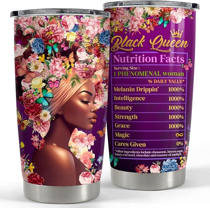 Inspirational Gifts for Women Black Woman Nutrition Facts Inspiration Tumbler 20oz Stainless Steel Insulated Coffee Travel Mug Cup Motivational Gift for Women Birthday Christmas