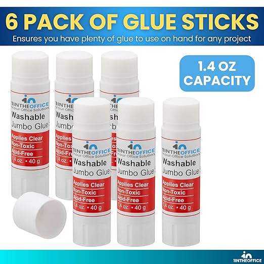 1InTheOffice Jumbo Glue Sticks, Kids Glue Sticks, School Glue Sticks, 1.4oz, Washable, 6 Pack