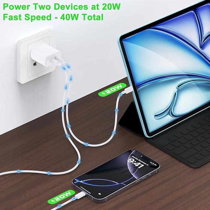 Susnwere 40W Dual USB C Charger Block, 2-Port 40W Fast USB-C Power Adapter Wall Charger Plug Type C Charging Block for Laptop Computer & Tablets/Phones iPhone 15/14/13/12/11/X, iPad