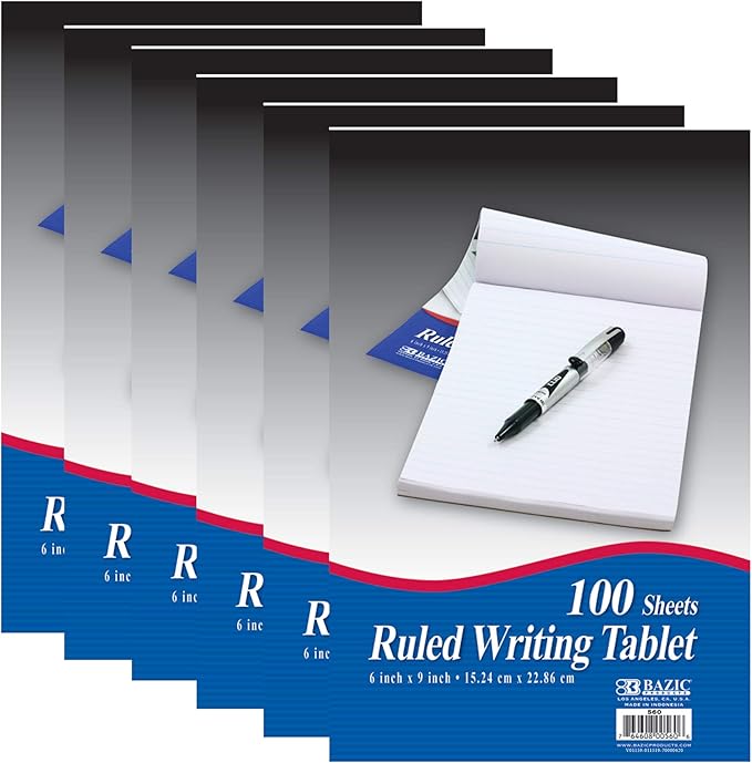 BAZIC Products Writing Pad 100 Sheets 6" x 9" – Writing Pad With Durable Lined Note Pads, Smooth Writing Paper, and Easy-tear Paper Pads; Compact Note Pads and Writing Pads for Office, School, or Home, 6-Pack