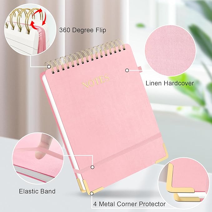 Aesthetic Top Spiral Notebook, A4 Large Linen Hardcover Top Bound Steno Pads, 240 Pages 100gsm Thick Lined Paper Left Handed Notebook Journal for Work, School, Church Writing - Pink, 8.5" x 11"
