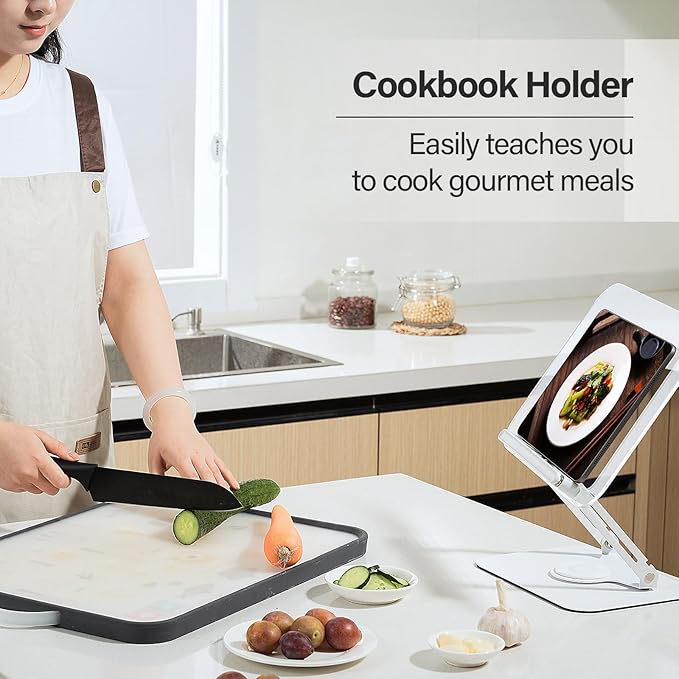 BYMECOST Acrylic Book Stand for Reading, Adjustable Book Holder with 360° Rotating Base & Elastic Page Clips, Foldable Desktop Riser Stand for Cookbook,Laptop,Tablet,Music Scores,Recipe,Textbook,Black