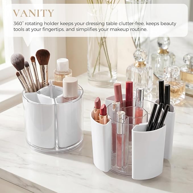 KONVINIT White Pen Holder for Desk, 5 Slots 360° Rotating Pen Organizer, Cute Desk Organizers and Accessories for School, Home, Office and Art Supply