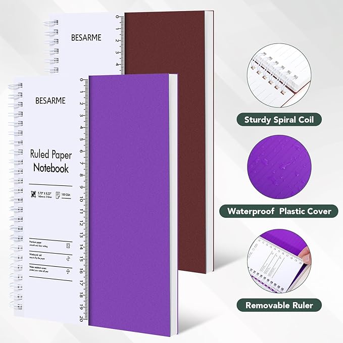 BESARME 4 Pack College Ruled Notebook, A5 Lined Spiral Notebook with Ruler Waterproof Plastic Spiral Journal 5.7" x 8.22" Hardcover Journal for Work School Supplies