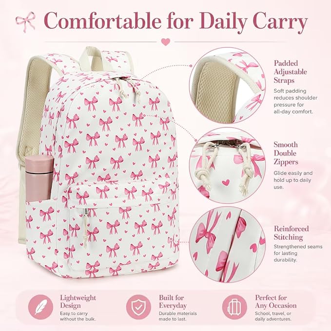 LOIDOU Backpack for Girls School Backpacks Bookbags for Elementary Middle School Women Laptop Backpacks (Bow Tie Beige, L-17)