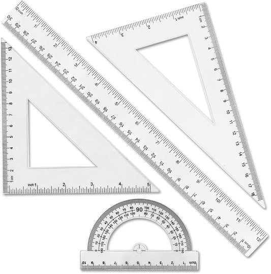 Clear Math Geometry Tool Set,12 Inch Ruler 4 PCS for Measuring and Drafting, Transparent Plastic Straight Ruler, Triangle Rulers, Protractor for Student School Office Supplies, Imperial Metric