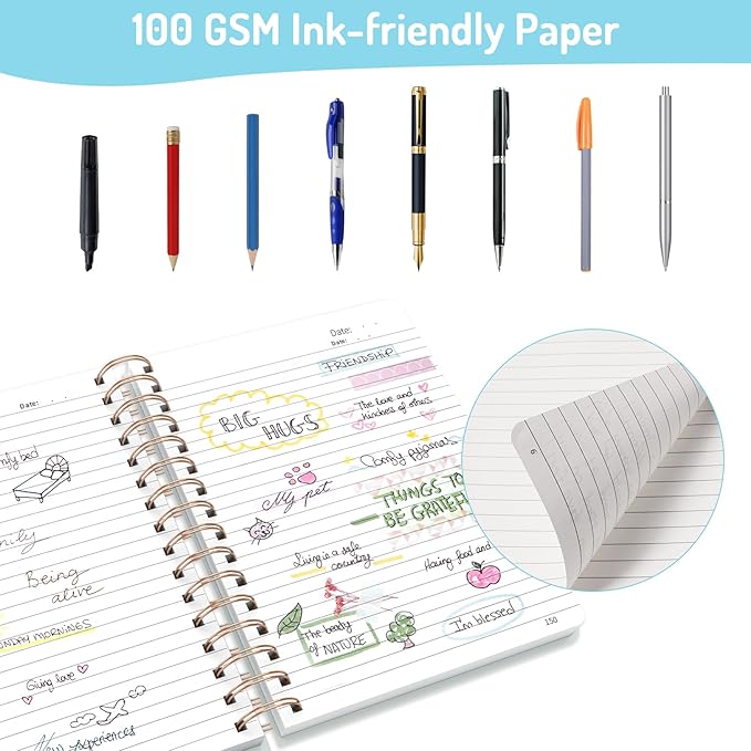 Forvencer Lined Spiral Journal Notebook with 300 Numbered Pages, A5 Thick Journals for Writing with 100GSM Paper, Hardcover Notebooks with Contents for Work, School, Women, Men, Grey