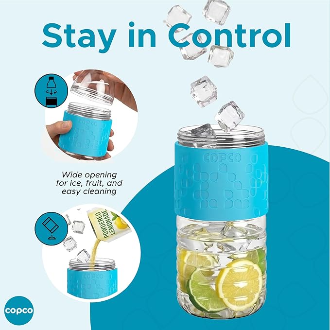 Copco Hydra 16.9 oz Water Bottle – Leak Proof, Tritan Durable, BPA Free, Dishwasher Safe, Twist Open Body for Ice & Easy Cleaning, Silicone Non-Slip Grip, Portable for Gym & Office (Light Blue)