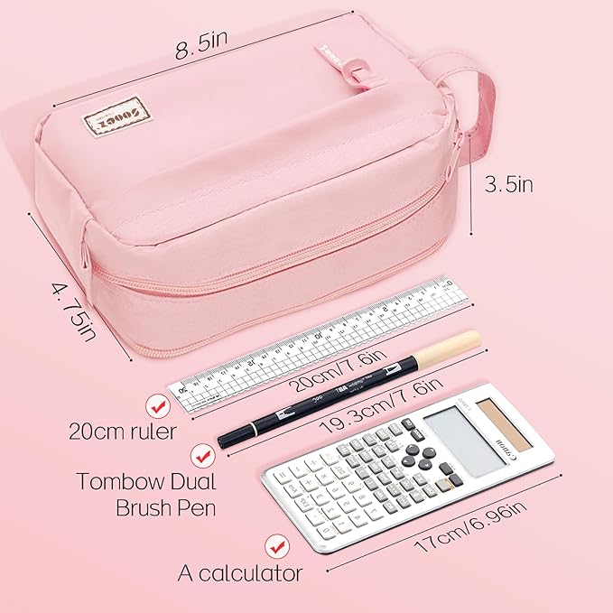 Sooez Original High Capacity Pencil Case, Big Pencil Bag Pouch Box Organizer Pen Case, Aesthetic Supply for Girls Adults, Portable Journaling Supplies with Easy Grip Handle & Loop, Pink