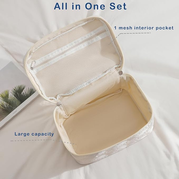 uekeboag 3Pcs White Shell Quilted Cotton Makeup Bag | Foldable,Lightweitht,Coquette Quilted Toiletry Bag for Women and Girls