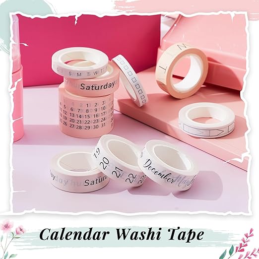 Chuangdi 9 Rolls Calendar Washi Tape Set Day Week Month Number Vintage Calendar Date Washi Masking Tape Decorative Patterned Marking for Arts Crafts Journal Planner (Light Brown, Beige, Pink)