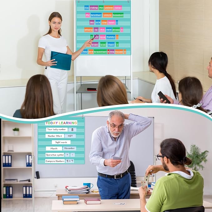 Standard Pocket Chart 28 x 28 Inches Transparent 7 Pocket Charts for Word Walls Letter Cards Sentence Strips School Classroom Supplies Home Back to School Teacher Gifts(Aqua Green)