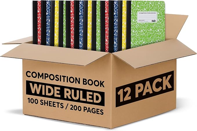 Wide Ruled Notebook, Composition Notebooks Wide Ruled Composition Book, Wide Rule Notebook Paper -9-3/4 x 7-1/2” - 100 Sheets (200 Pages) - Sewn Binding, Durable Marble Cover, Assorted Colors - (12
