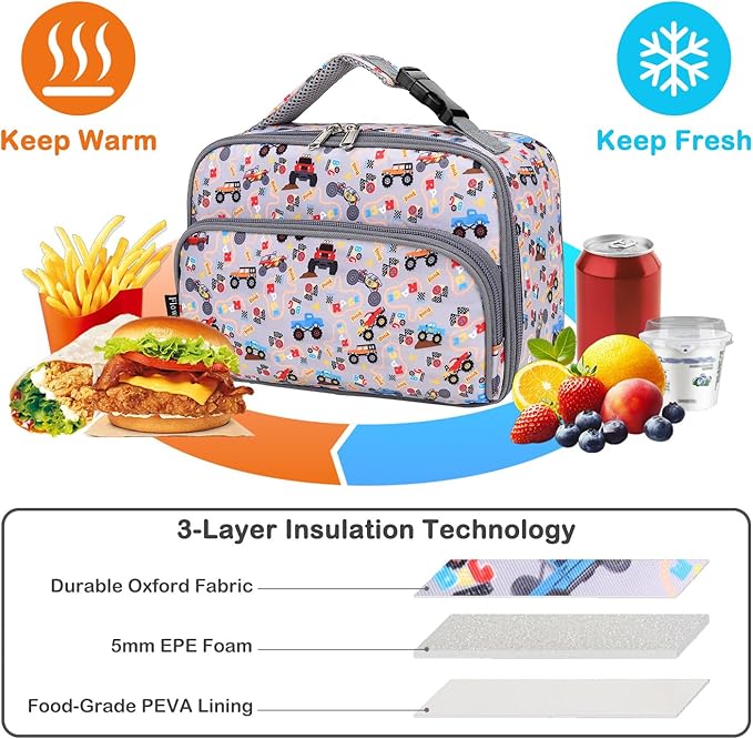 FlowFly Kids Lunch box with buckle Insulated Cooler Back to School Thermal Meal Tote Kit for Girls, Boys, Truck