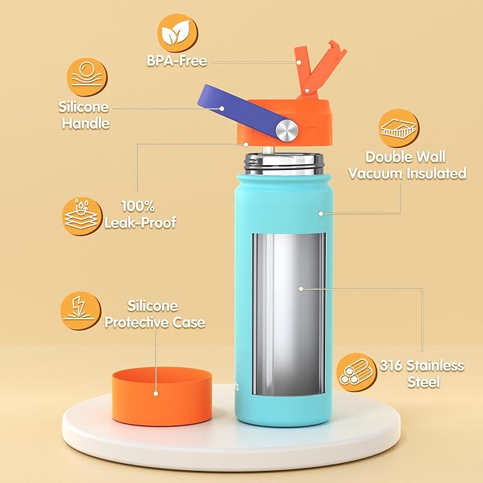 18oz Kids Insulated Water Bottle, Straw Cup | DIY Stickers, BPA-Free, 316 Stainless Steel, Silicone Boot, Keeps Cold 24h, Leak-proof, School, Sports