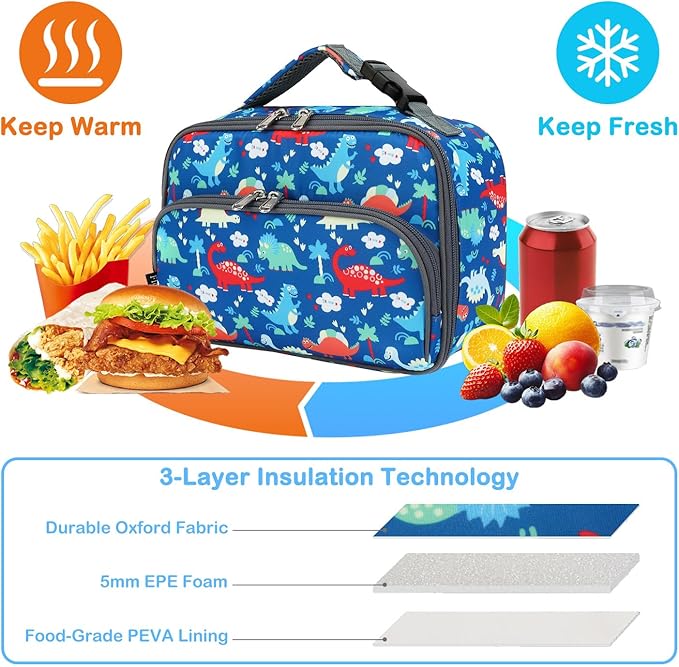 FlowFly Kids Lunch box Insulated Soft Bag Mini Cooer Back to School Thermal Meal Tote Kit for Girls, Boys,Dinosaur