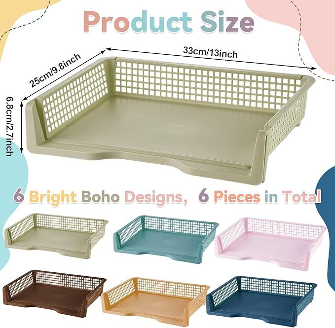 gisgfim 6 Pcs Turn in Trays Classroom Retro Paper Tray for Classroom Organization and Storage Stackable Plastic Book Baskets Turn in Bins Teacher Organizers for Library Drawers School Office Desk