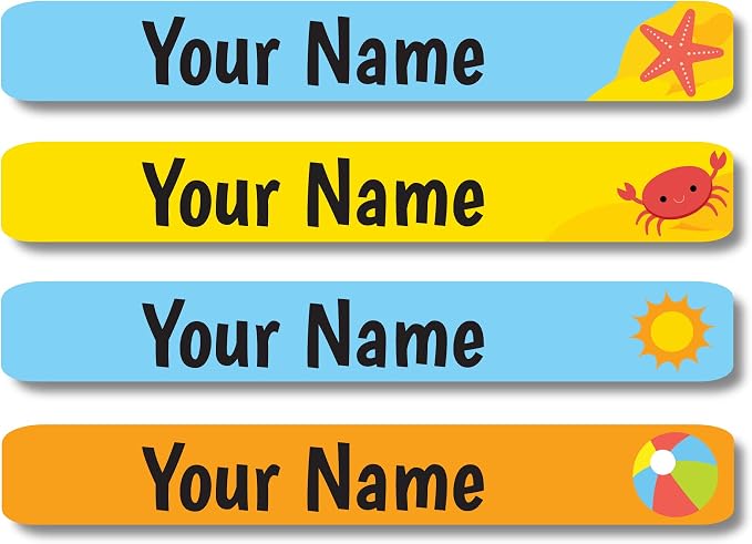 Lovable Labels Personalized Labels for Kids (120 Labels) - Waterproof Dishwasher Safe Peel and Stick Labels are Great for School Supplies Daycare Camp Bottles (Fun on The Beach)