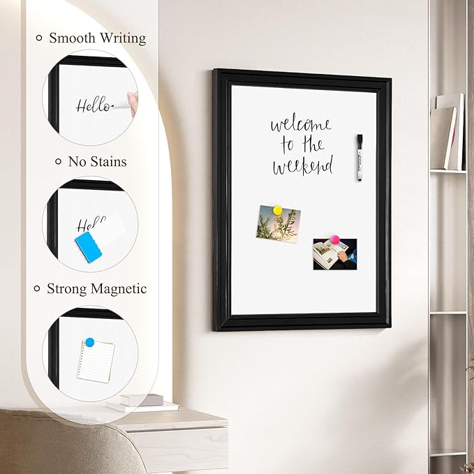 4 THOUGHT Magnetic Whiteboard 36" x 24" Dry Erase Board Wood Frame Wall-Mounted Decorative White Board Monthly Planner Notice Board for Home Office School with 8 Magnets 4 Markers 1 Eraser, Black