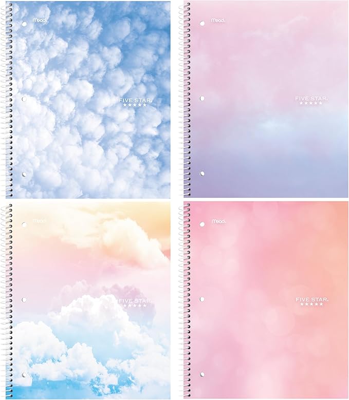 Five Star Spiral Notebook + Study App, 1 Subject, Wide Ruled Paper, 8" x 10-1/2", 80 Sheets, Clouds, 4 Pack (930294F)