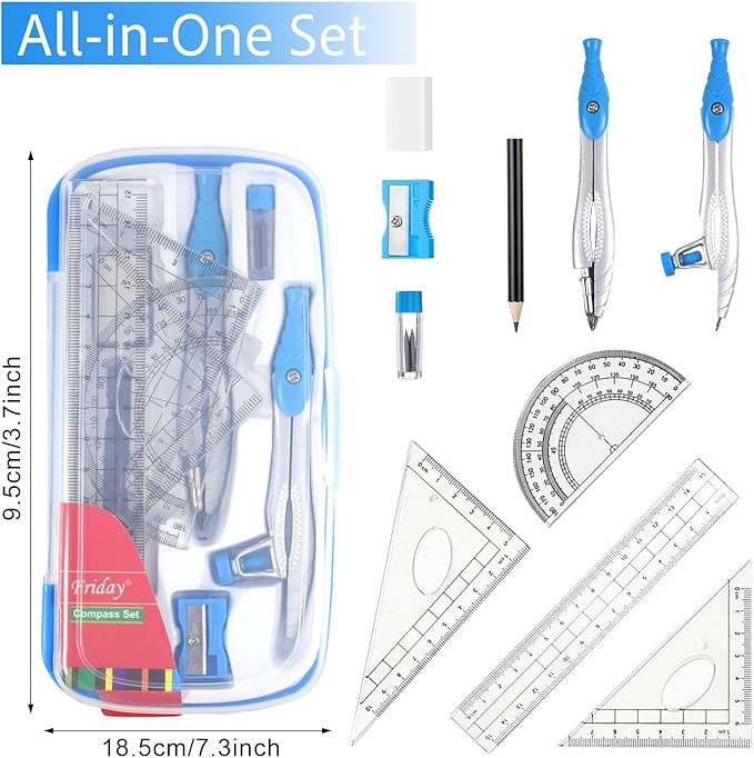 Marte Vanci Math Geometry Kit, 10 Pieces Geometry Set with Storage Box Student Supplies for Drawing, Includes Compasses, Pencil, Eraser, Rulers Protractor, Sharpener,Lead Refills(Blue)