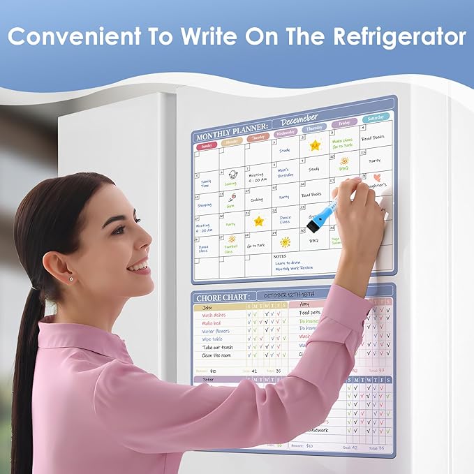 MaxGear Magnetic Calendar for Refrigerator, 16x12 Monthly Dry Erase Fridge Calendar Whiteboard with Stain Resistant Surface, No Ghosting, Reusable Planning Board with 4 Markers and 1 Eraser