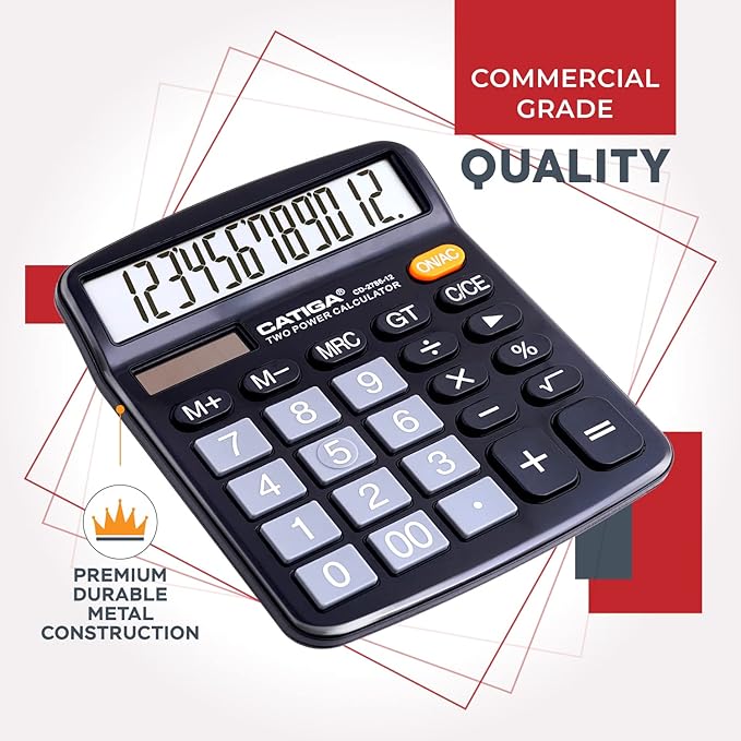 CATIGA 12 Digit Desk Calculator, Desktop Calculators with Large LCD Display & Big Buttons, Dual Power Solar & Battery, Standard Basic 4 Function Calculator for School, Office, Home