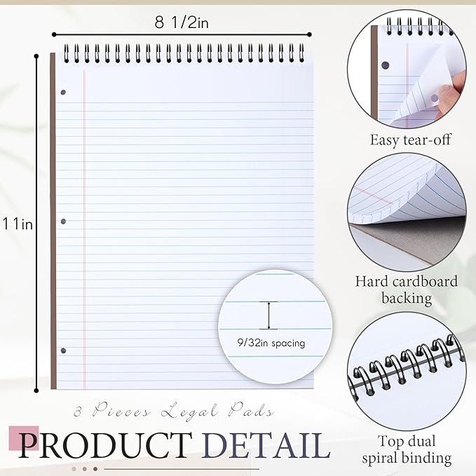 MotiMind 3 Pack 8.5" x 11" Top Spiral Notebook with 3 Hole Punched Legal Pads Notepad 50 Sheets Hard Cardboard Paper Wirebound Notepad for Office School Business (College Ruled,White)