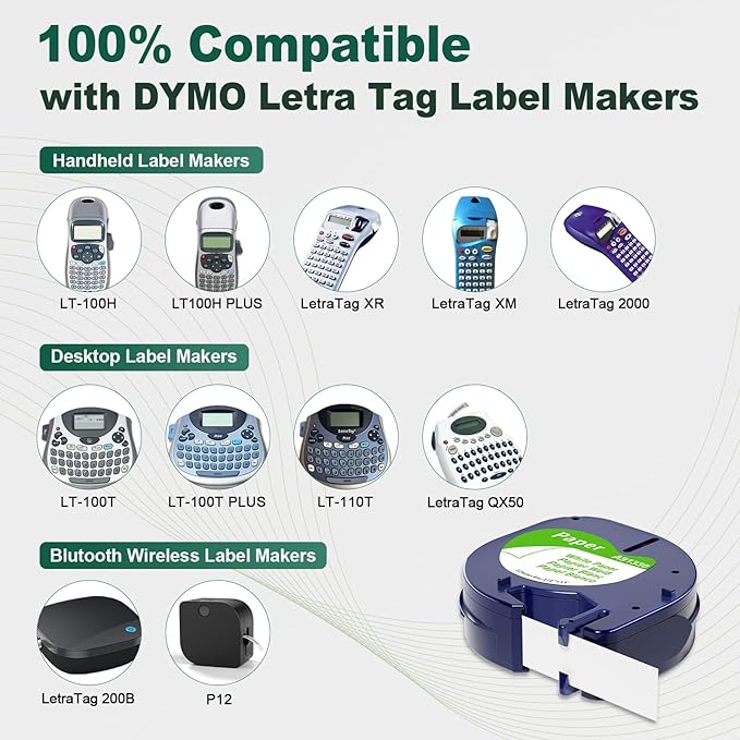 Paper White Tape Replacement for Dymo Letratag Refills 1/2'' Compatible with Dymo Label Maker Refills 1/2 x 13 for Letra Tag LT-100T LT-100H 200B QX50 XR XM 2000, 3-Pack White Paper Tape Set