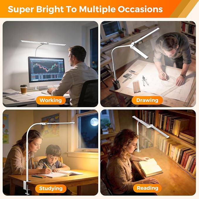 SKYLEO LED Desk Lamp with Clamp - Double Head Desk Light with Remote and Touch - Eye Protection - 12 W, 5 Color Modes, Timer and Memory Function, Flexible Gooseneck - for Office, Reading - White