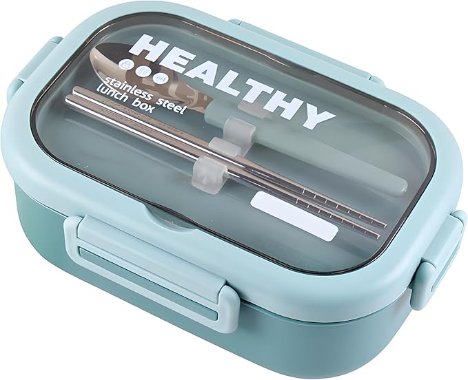 Stainless Steel Lunch Box, 2 Compartment Bento Box for Adults, Easy to Clean, Leak-Proof Design, Food Storage Container with Tableware for Family, Work, Picnics and Travel(850ml, Green)
