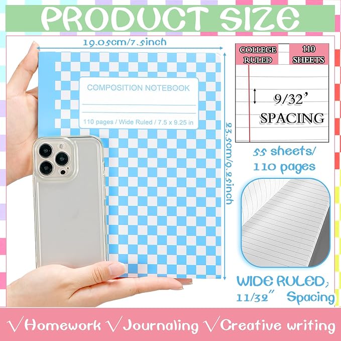 Fullhawl 6 Pcs Composition Notebook Wide Ruled Cute Preppy Colorful Checkered Aesthetic Notebook for Back to School 110 Page 9-3/4 x 7-1/2" Journal Gift for First Day of School, Student, Teacher Check