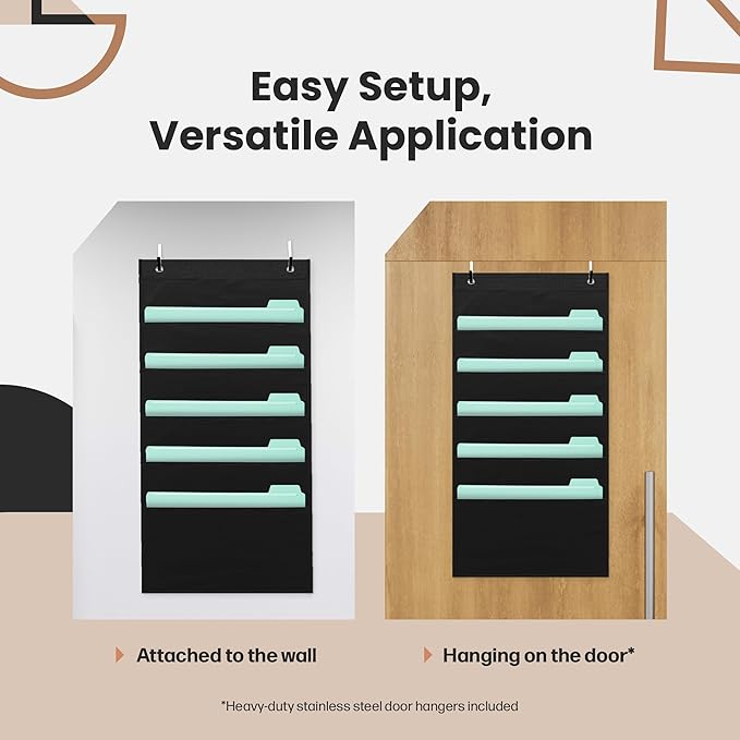 Hippo Creation Heavy Duty Storage Pocket Chart for Classroom, 5 Pocket Storage Organizer with 2 Over-Door Hangers, Hanging Wall Organizer for File Folders, School Mailbox, Home Office Papers - Black