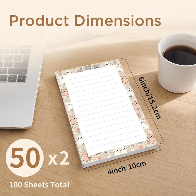Lined Sticky Notes 4x6 in, 2 Pack Large Cute Notepads with Lines, Bright Post Memo Note Pads Big Rectangular Sticky Notes for Office Cute Cats Heart