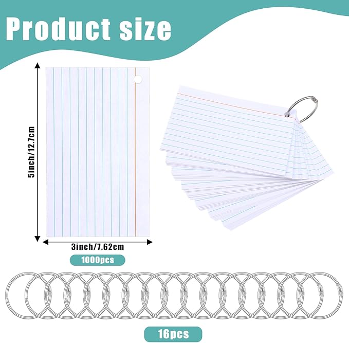 1000 Pcs 3 x 5 Inch Index Cards, Blank White Flash Card with 16 Metal Organizing Rings, Hole Punched Study Note Cards for School, Office, and Home