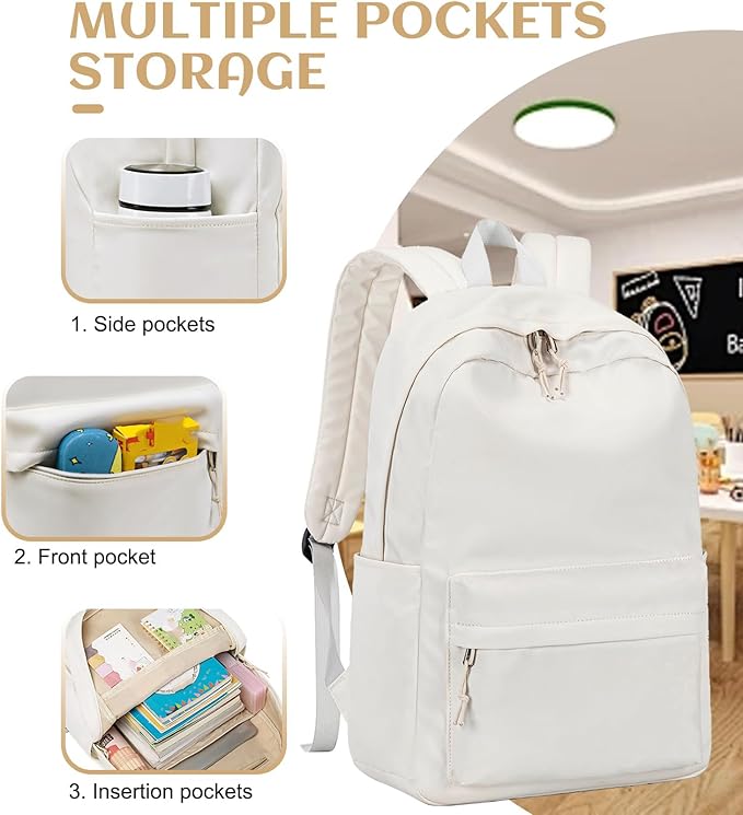 Bluboon School Backpack for Teen Girls Women Laptop Backpack College Bookbags Middle School Travel Work Commuter Back Pack(Solid Beige)