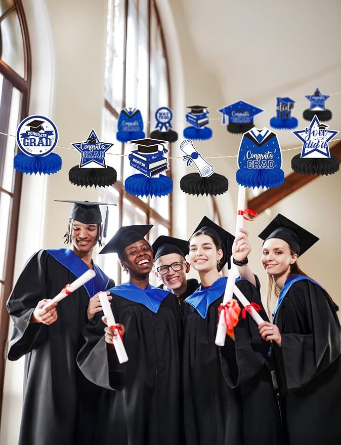 9Pcs Graduation Table Decorations - Blue and Black Graduation Centerpieces for Tables Congrats Grad Honeycomb Centerpieces Congratulate Table Toppers Grad Party Decorations, Class of 2026 Decor