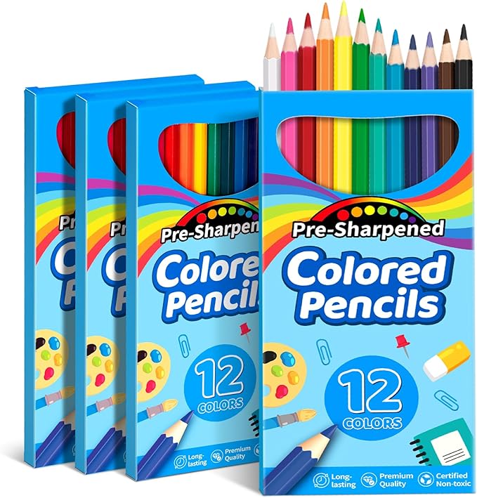 V-Opitos 48 Count Colored Pencils, 4 Packs Pre-sharpened Coloring Pencils for Kids in 12 Colors, Bulk School Supplies for Teachers, Ideal Back to School Supplies & Classroom Prizes