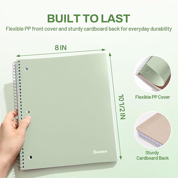 SUNEE Spiral Notebook, 1-Subject, Graph Ruled Paper, 8" x 10-1/2", 100 Sheets per Notebook, 3-Hole Punched Paper, Water Resistant Cover, Spiral Grid Notebooks for Work, Home, School, Writing, Green