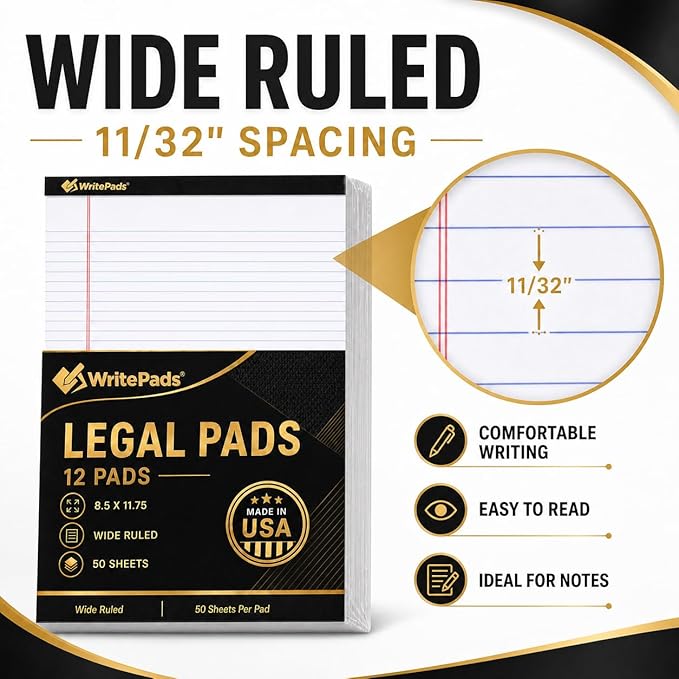 Legal Pads 8.5 x 11.75 Inch Wide Ruled Writing Pads, 12 Pack Note Pads - White Perforated Paper with Hard Back, 50 Sheets Per Pad, No Bleed Paper Notepad for Office, School, Business MADE IN USA