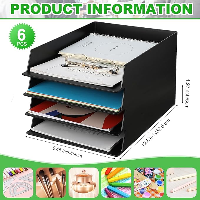 Wenqik 6 Pcs Stackable Paper Trays Rectangular Plastic Desk Holder Desktop Document File Organizer Storage Letter for Office Classroom (Black)