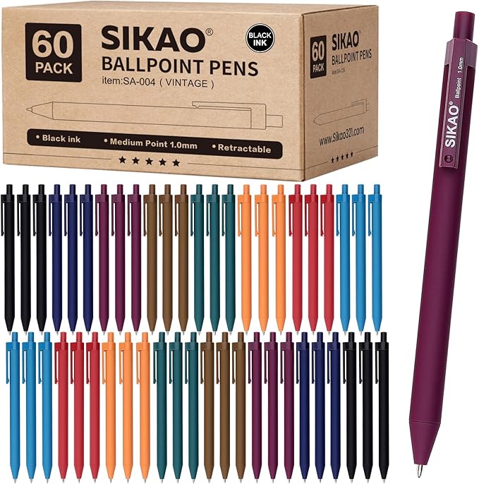 Pens Bulk, 60 Pack Vintage Ballpoint Pens with Black Ink, 1.0mm Medium Point Smooth Writing, Click Pens 8 Calm Vintage Colors for Teachers, Students, School & Office Supplies
