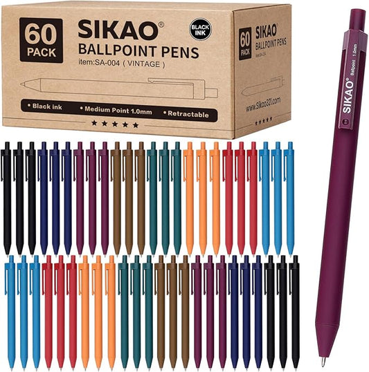 Pens Bulk, 60 Pack Vintage Ballpoint Pens with Black Ink, 1.0mm Medium Point Smooth Writing, Click Pens 8 Calm Vintage Colors for Teachers, Students, School & Office Supplies