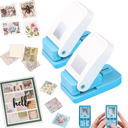 2 Pcs Stamp Punch, 1 Inch Square Stamp Punch & 1X0.8 Inch Rectangular Postage Stamps Punches, Stamps Shaped Paper Puncher, Portable Lever Action Craft Punches for Paper Crafting DIY Scrapbooking