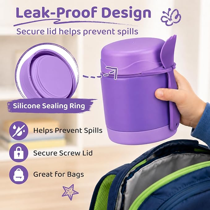 Pawtong10oz Soup Thermo for Hot Food Kids Insulated Food Jar,Thermo Hot Food Lunch Container, Width Mouth Stainless Steel Lunch Box for Kids with Spoon (Purple)