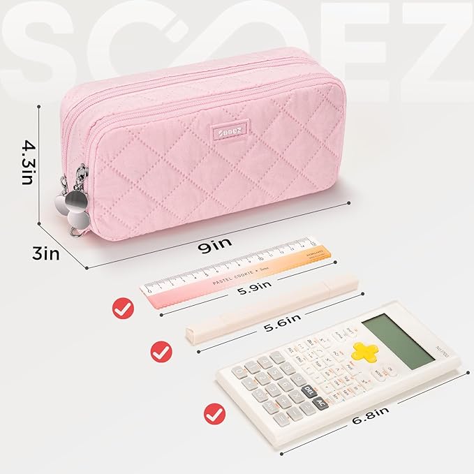 Sooez Large Pencil Case Pouch, Extra Big Pencil Bag with 8 Compartments, Pen Bag Wide Opening, Soft Quilted Pencil Pouch Organizer with Zipper, Portable Pencil Case for Teen Girls, Pink