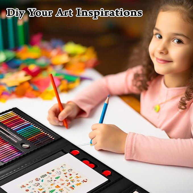 KINSPORY Art Kit, 290 Pack Art Sets Crafts Drawing Coloring kit, Double-Side Trifold Easel, Oil Pastels, Crayons, Colored Pencils, Creative Gift for Beginners Artists Girls Boys Kids (Black)
