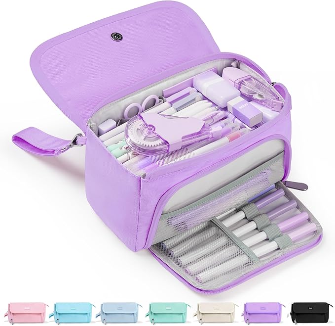 Sooez Super Large Pencil Case, Big Capacity Pencil Bag with 3 Compartments, can hold 100 pencils, Cute Pencil Pouch with Zipper, Portable Stationery Pen Bag, School Supplies For Teen Girls, Purple